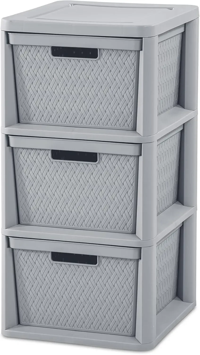 

3 Drawer Cross Weave Storage Tower Decorative Plastic Bin Drawers with Handles Organize Clothes in Bedroom Easy Assembly 1-Pack