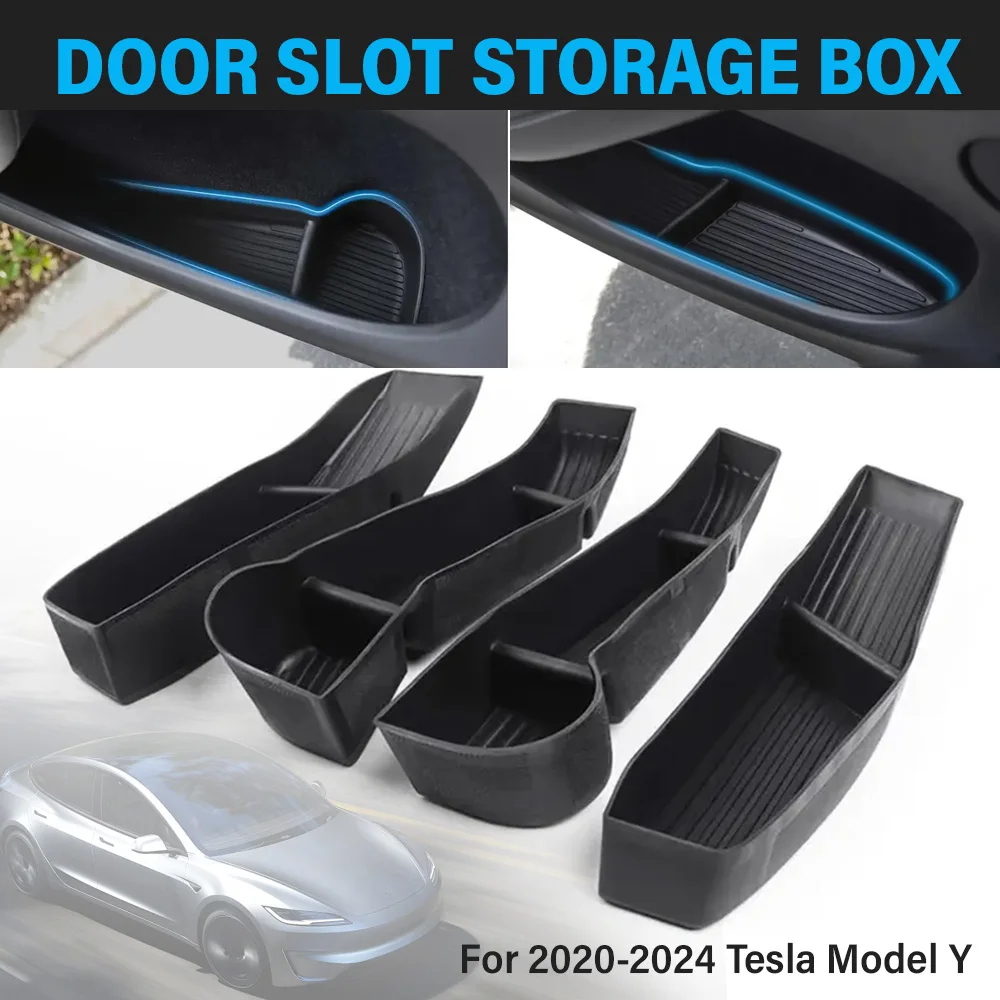 

4 шт., боковой ящик для хранения дверей автомобиля, слот для Tesla Model Y 20-24, передняя и задняя дверная ручка из ТПЭ, органайзер для хранения, черный, новый