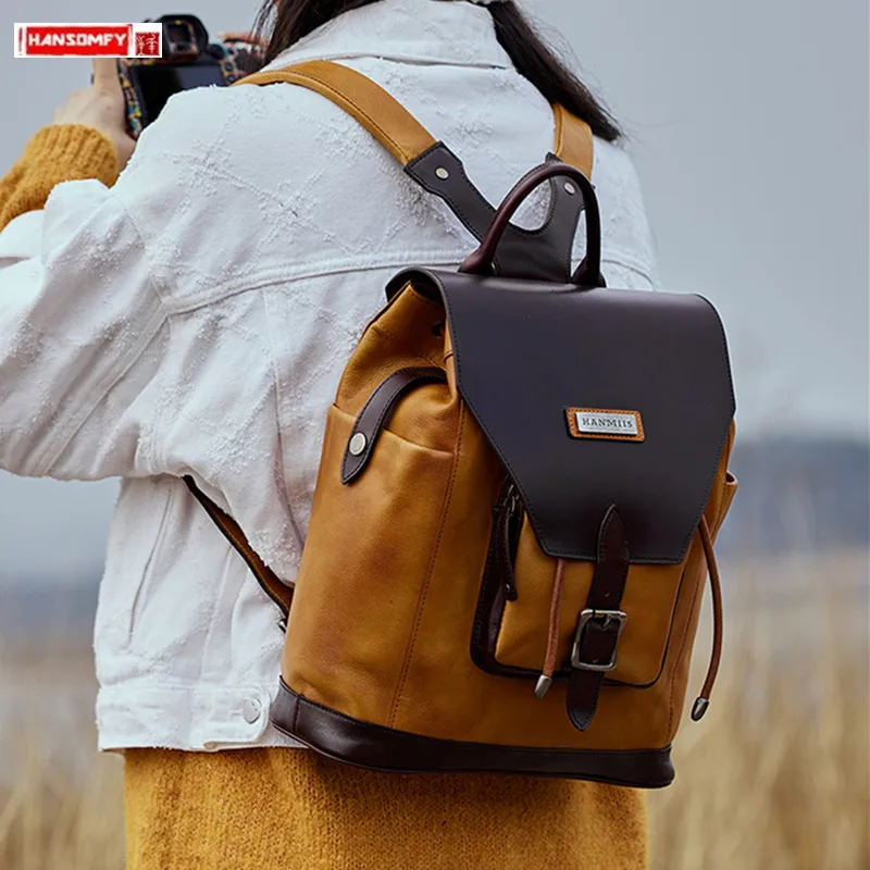 First Layer Cowhide Leather Women Backpack Large Capacity Leisure Shoudler Bag New School Bag Retro Niche Small Ladies Backpacks