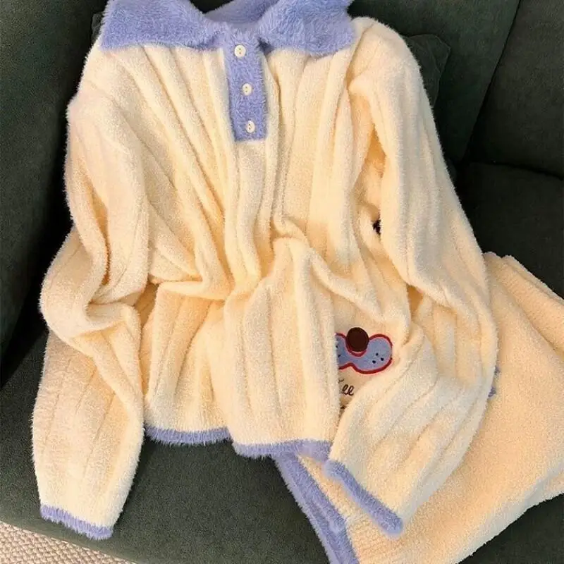 Pijamas de media pila con solapa para mujer, ropa de dormir cómoda y bonita para otoño e invierno, pijama grueso de manga larga, traje para casa de estilo preppy