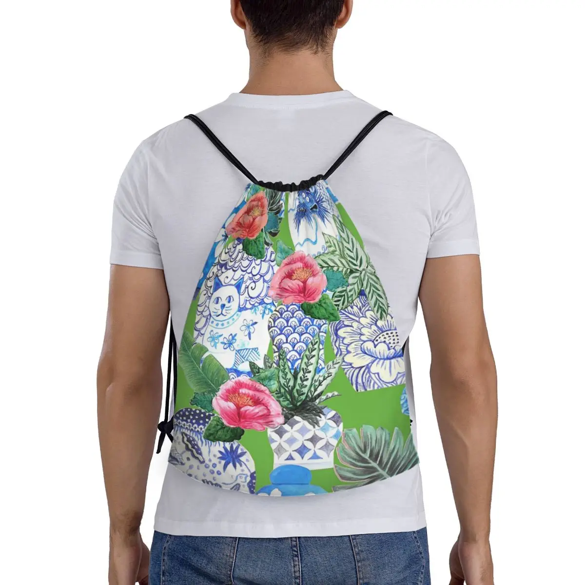 Blue And White Chinese Ginger Jars On Green Emerald Green Chinoiserie Backpacks Casual Drawstring Bags Sports Bag Book Bags