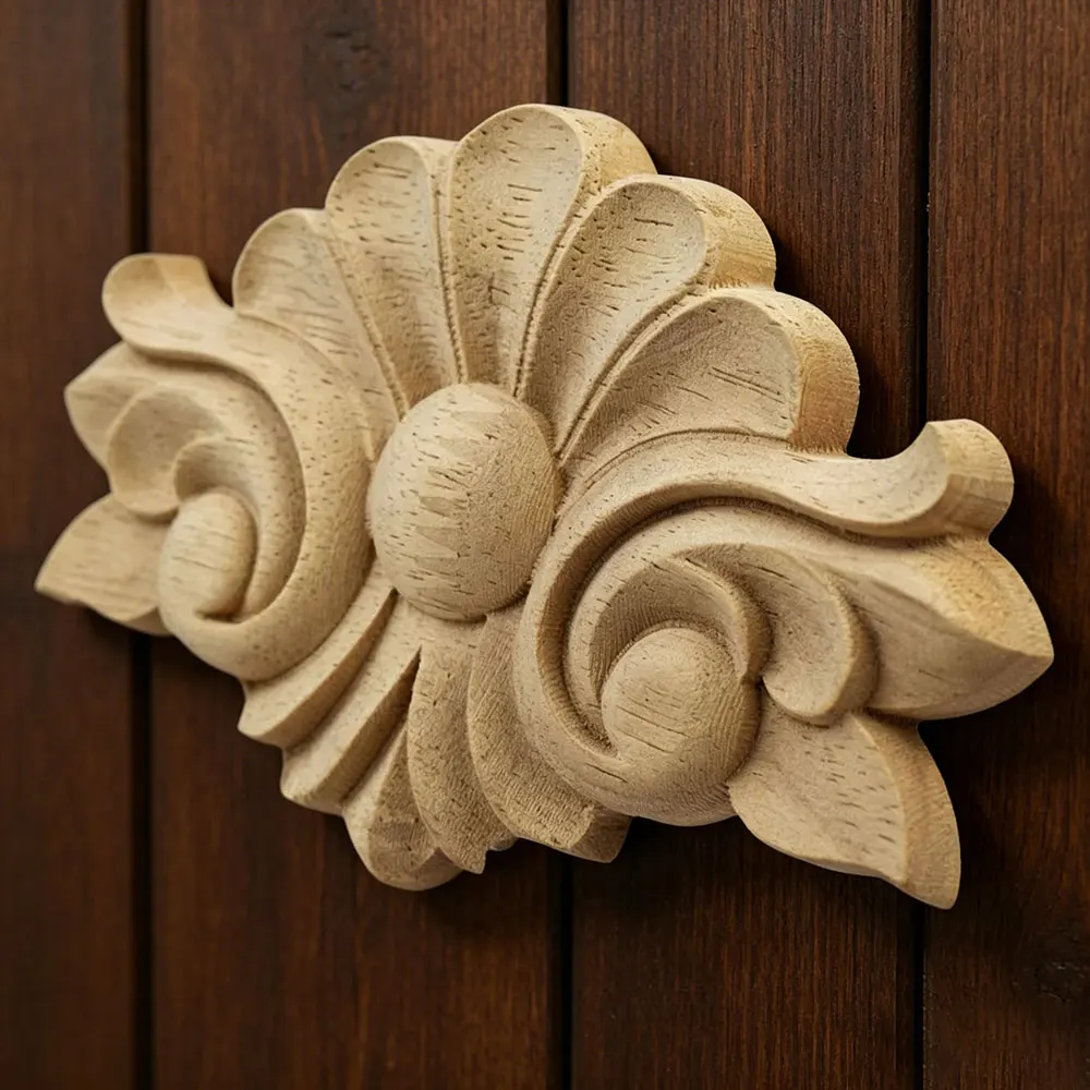 

4PCS Ornamental Unpainted Long Leaves Rubber Wood Furniture Decoration Accessories Doors Wooden Figurines Decal Wood Applique