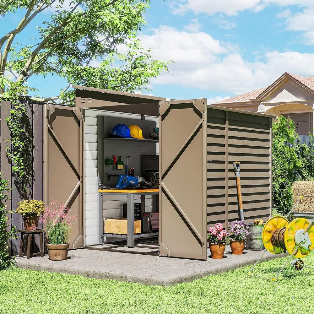 

Brown 4.6' x 9' Outdoor Steel Storage Shed with Waterproof Lean-to, Foundation Kit, Lockable Door, Gloves, and 2 Air Vents for B