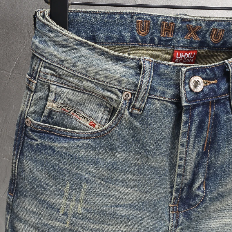 Fashion Designer Men Jeans High Quality Retro Washed Blue Stretch Slim Fit Ripped Jeans Men Vintage Y2K Denim Pants Hombre