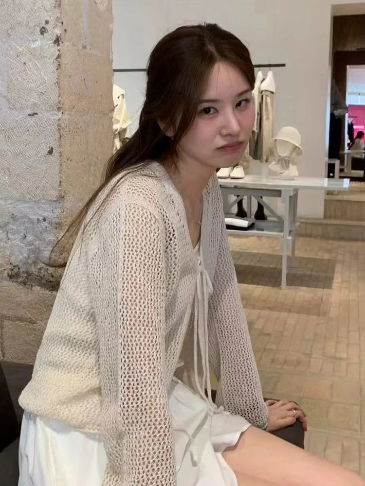 

Hard Control Summer ential V-Ne Hollow out Paper Silk Wrap Cardigan Open Cardigan Loose Fit Linen Long Sve Color