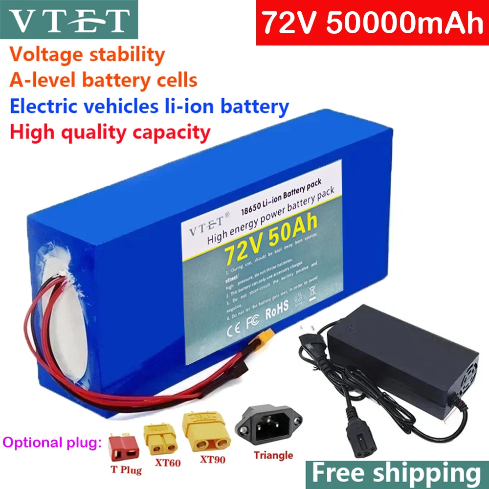 2024 72V 10-50Ah New 18650 Lithium Battery Pack Electric High Quality Battery 3000W BMS High Power Battery + 84V 3A Charger DIY