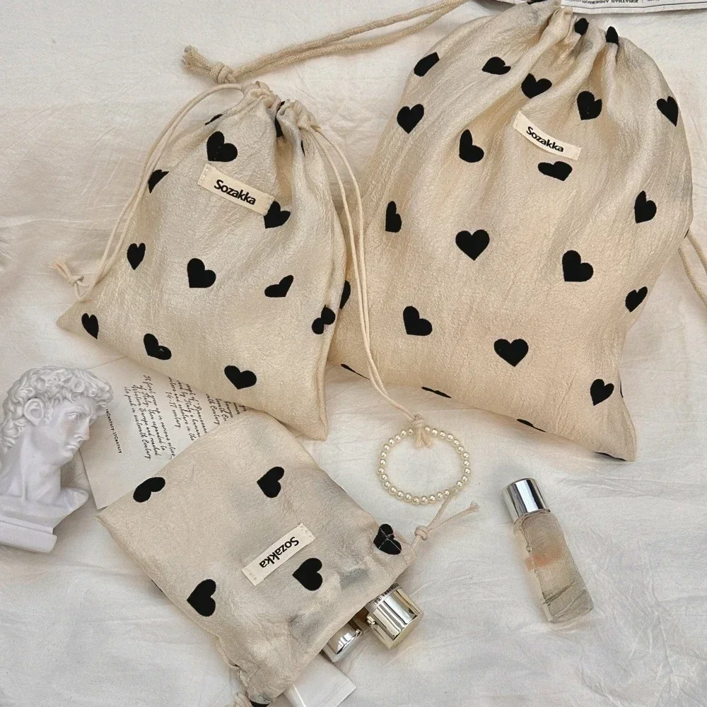 Heart-shaped Print Polyester Drawstring Bags Small Pouches Jewelry Package Bags Christmas Wedding Packaging Gift Bags