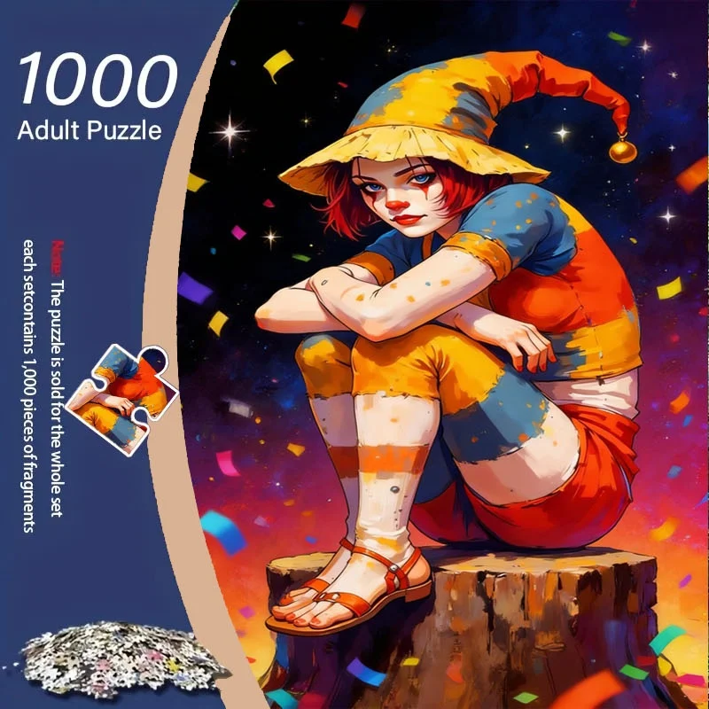 

1000 шт. головоломки, совместимые с взрослыми и семейными пазлами — красочный портрет шута девушки с разноцветными волосами и костюмом — стресс