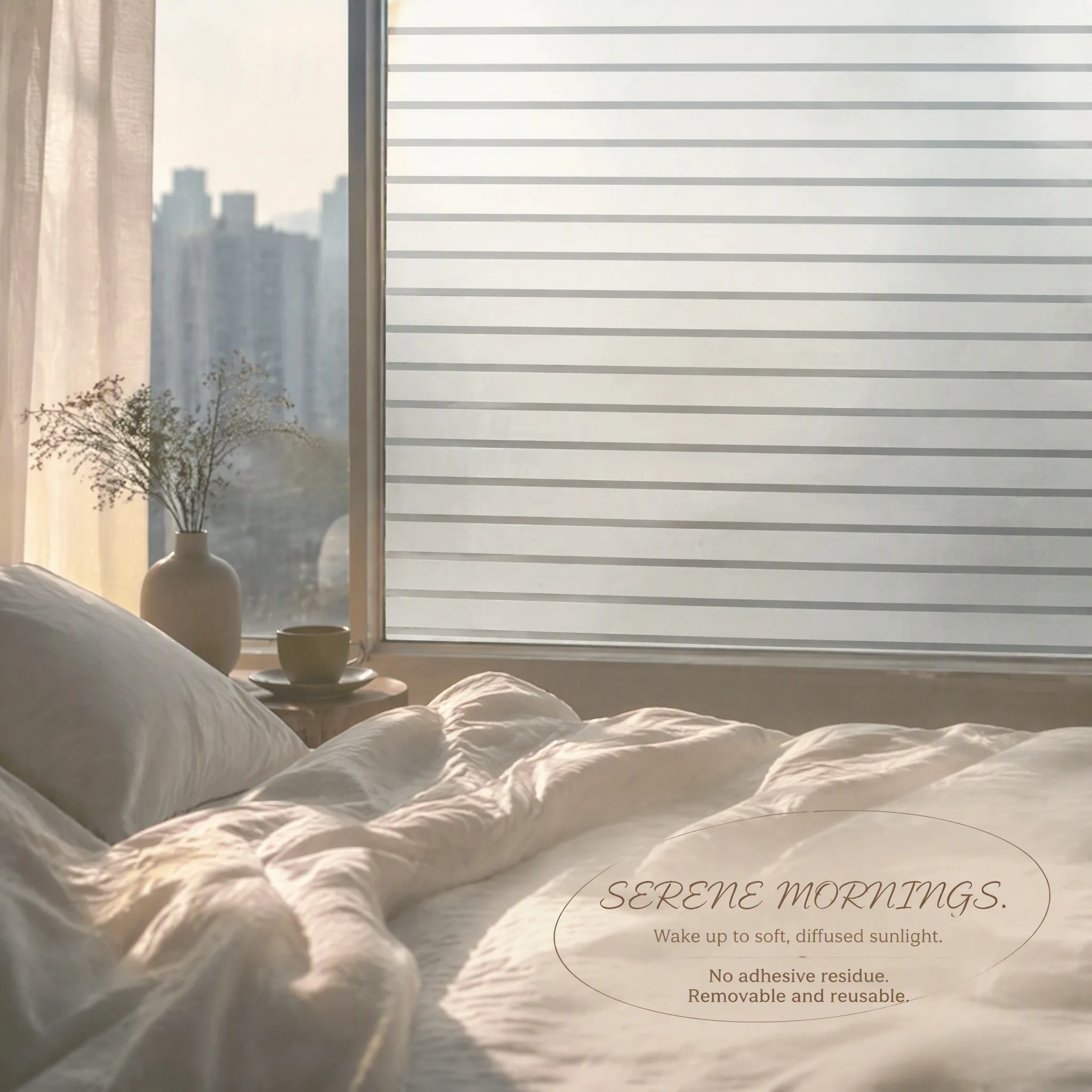 Minimalist Thin Line Self Adhesive Frosted Window Film Privacy Glass Sticker Anti UV Opaque Horizontal Strip for Home Decor