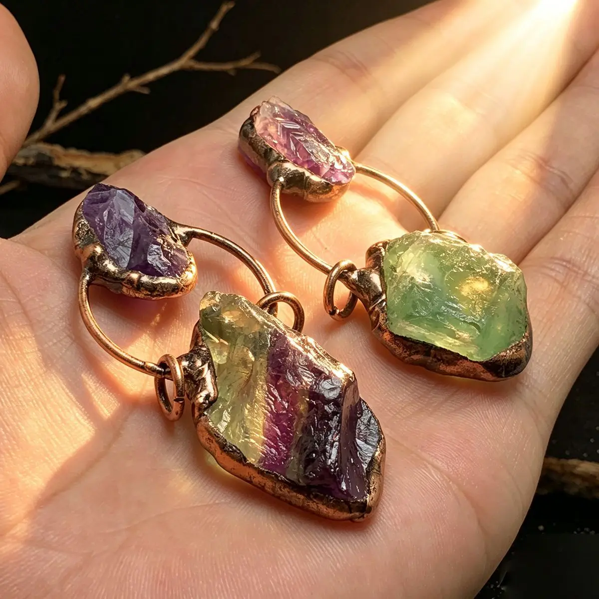 Chinese Style Lucky Blessing Fortune Natural Amethyst Green Fluorite Raw Stone Irregular Antique Bronze Plated Retro Sweater Cha
