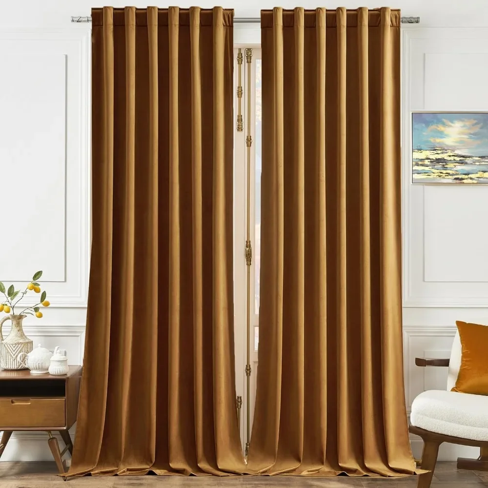 Velvet Curtains 120 inches Long, Gold Blackout Velvet Curtains, Extra Long Home Decor Back Tab Curtains