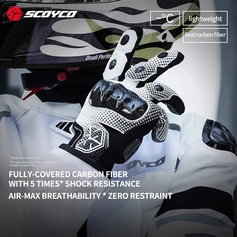 SCOYCO Motorcycle Gloves Summer Breathable Full Finger Motorbike Gloves Men Women Carbon Fiber Cycling Gear