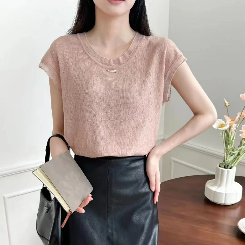 Fashion Korean Crochet Hollow Out Short Sleeved T-shirt Women Summer New Solid Round Neck Loose Knitting Lacework Thin Tops 2024