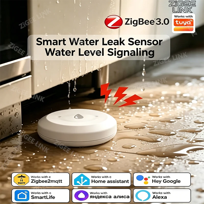 ZigBee Smart Water Leak Sensor Flood Leakage Sensor Alarm With Tuya APP Remote Monitoring Flood Overflow for Kitchen Bathroom