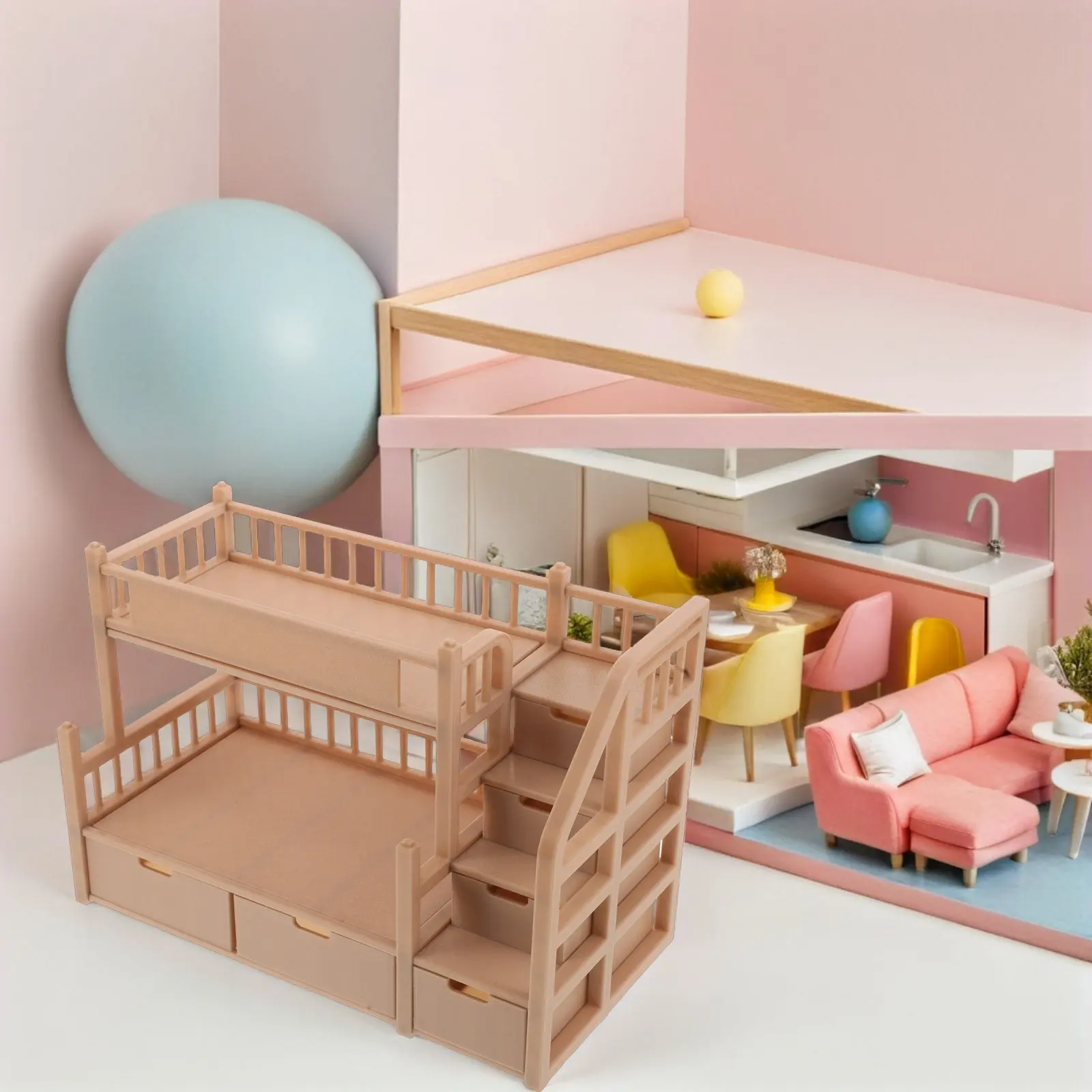 Miniature Wooden Double Bunk Bed with Large Storage Drawer for 18cm Dollhouse Furniture