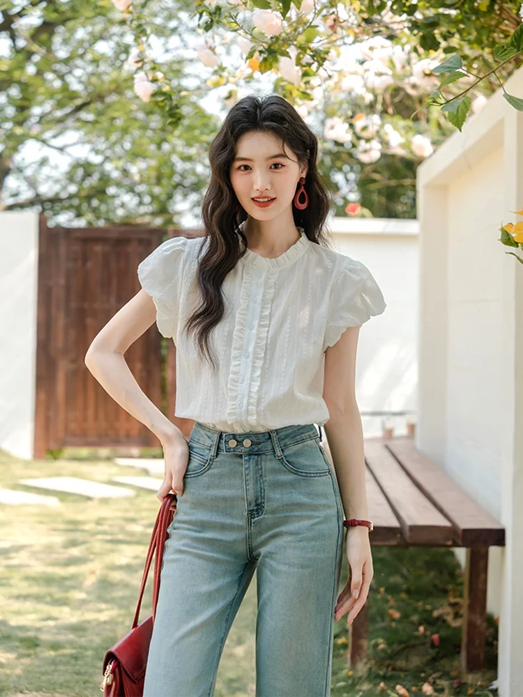 

French Sle Cotton Bubble Sve irt Women's Summer White ort Sve Commute irt Small Size Straight Cut Pure Color