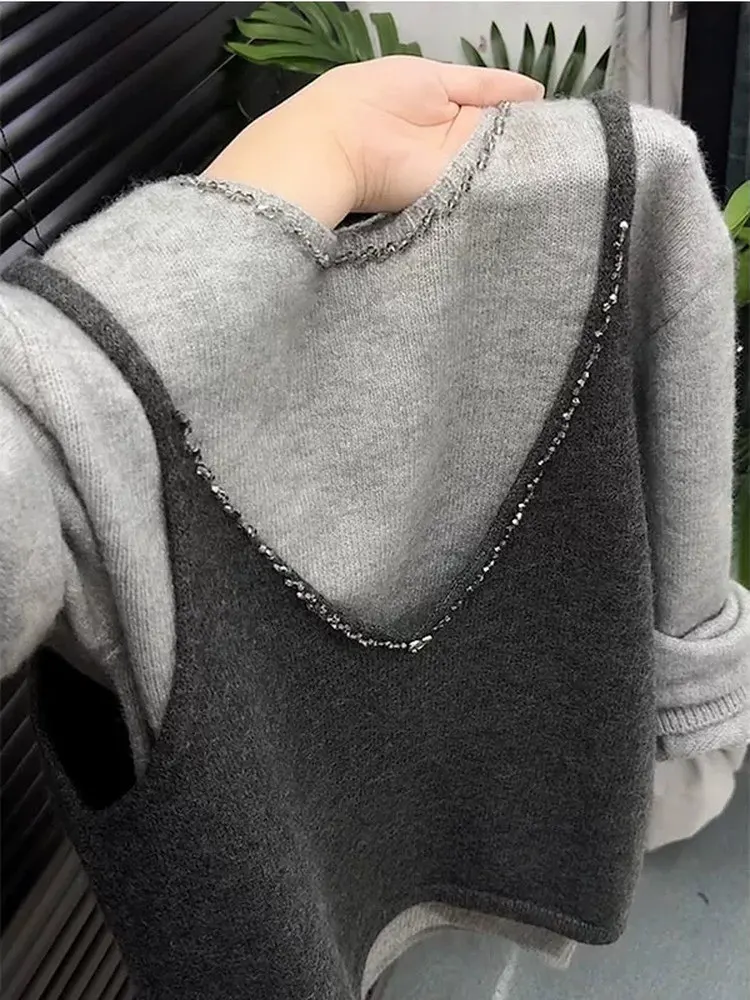 plus Size Korean Style Casual Knitted Vest Heavy Embellished Layering Slimming Versatile Top New Arrival Autumn Season