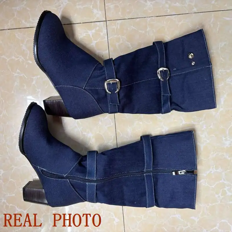 SIMLOVEYO Big Size Western Cowboy Booties Square Heels Zipper Buckle Fabric Shoes Mid-calf Boots Women Pointed Toe Black Blue