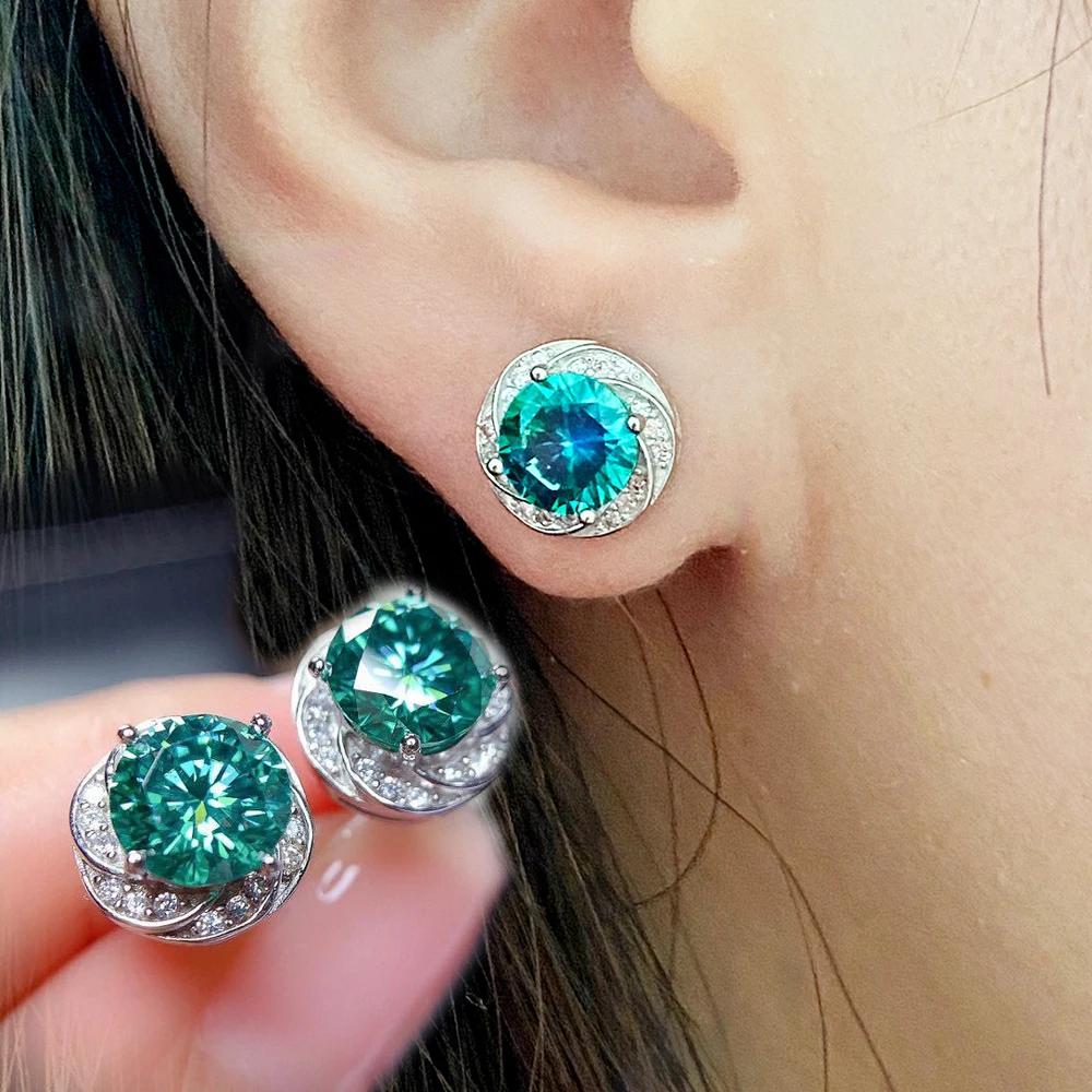 Solid 925 Sterling Silver Lab Blue Green Moissanite Diamond Stud Earrings for Women Super Sparkling Wedding Jewelry Gifts