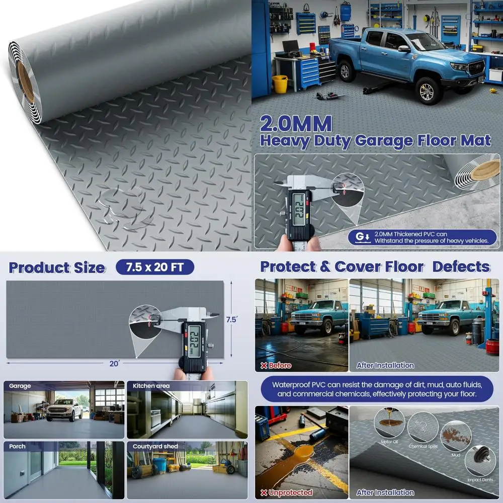 

Heavy-Duty Anti-Slip Waterproof PVC Garage Floor Mats 7.5x20ft, Diamond Plate Design for Under Vehicle Protection