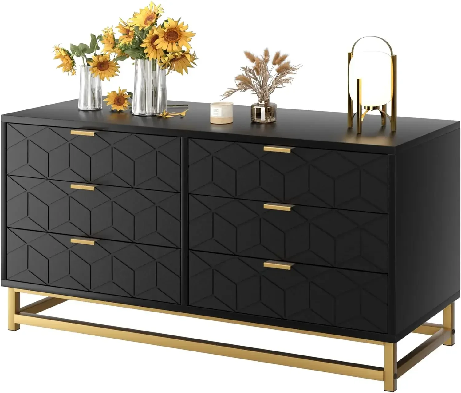 

y Black 6 Drawer Dresser for Bedroom, Wood Chest of Drawers with Metal Legs, Modern Storage Dresser Chest Cabinet Organizer