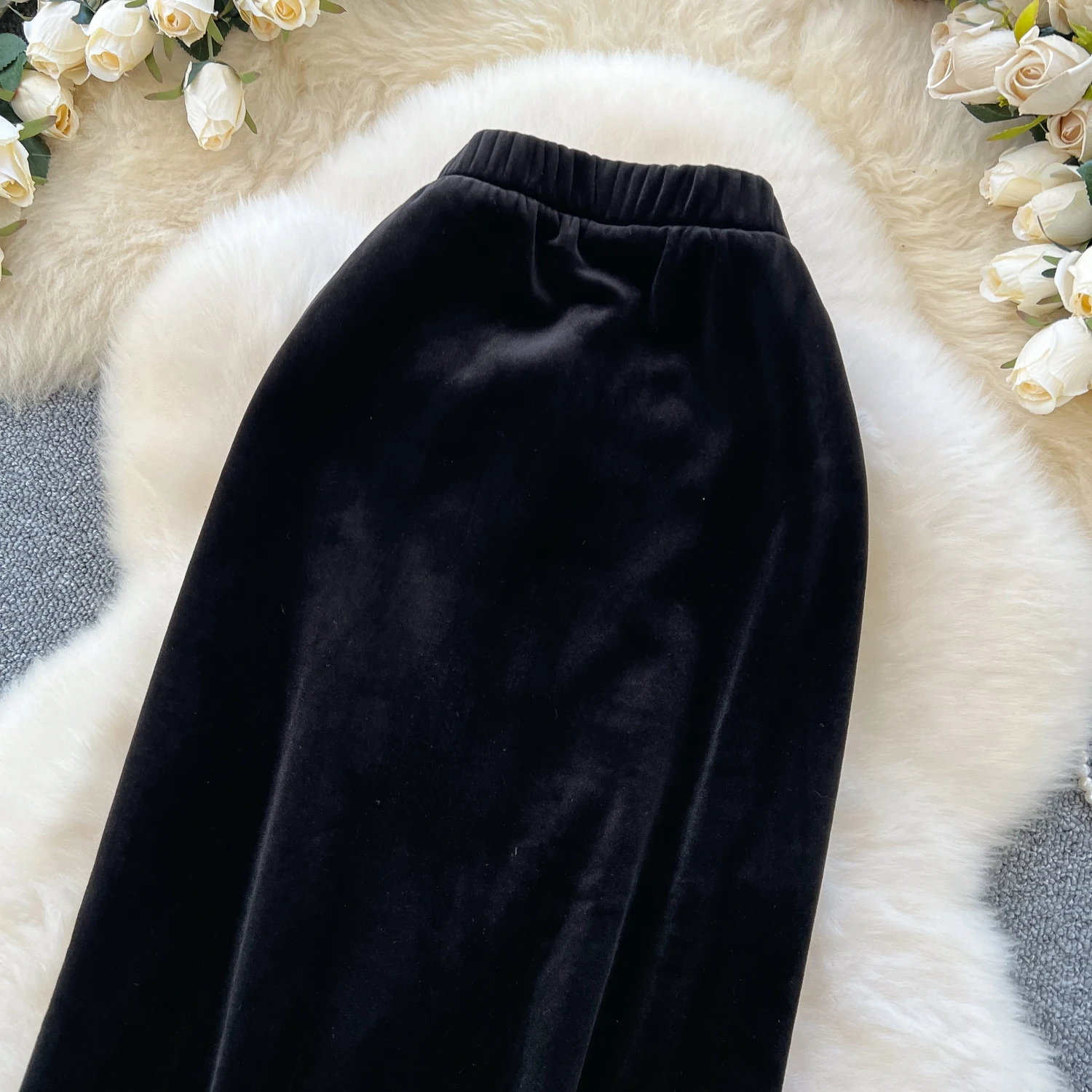 Casual Plush Spliced Velvet Vintage High Waist Slim Long Straight Tube Skirt French Fashion High Street Autumn Winter Clothing