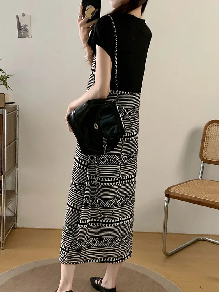 NYFS 2025 صيف جديد فضفاض حجم كبير فستان المرأة الكورية نمط اثنين من وهمية قصيرة الأكمام فستان طويل Elbise Vestidos Elbise