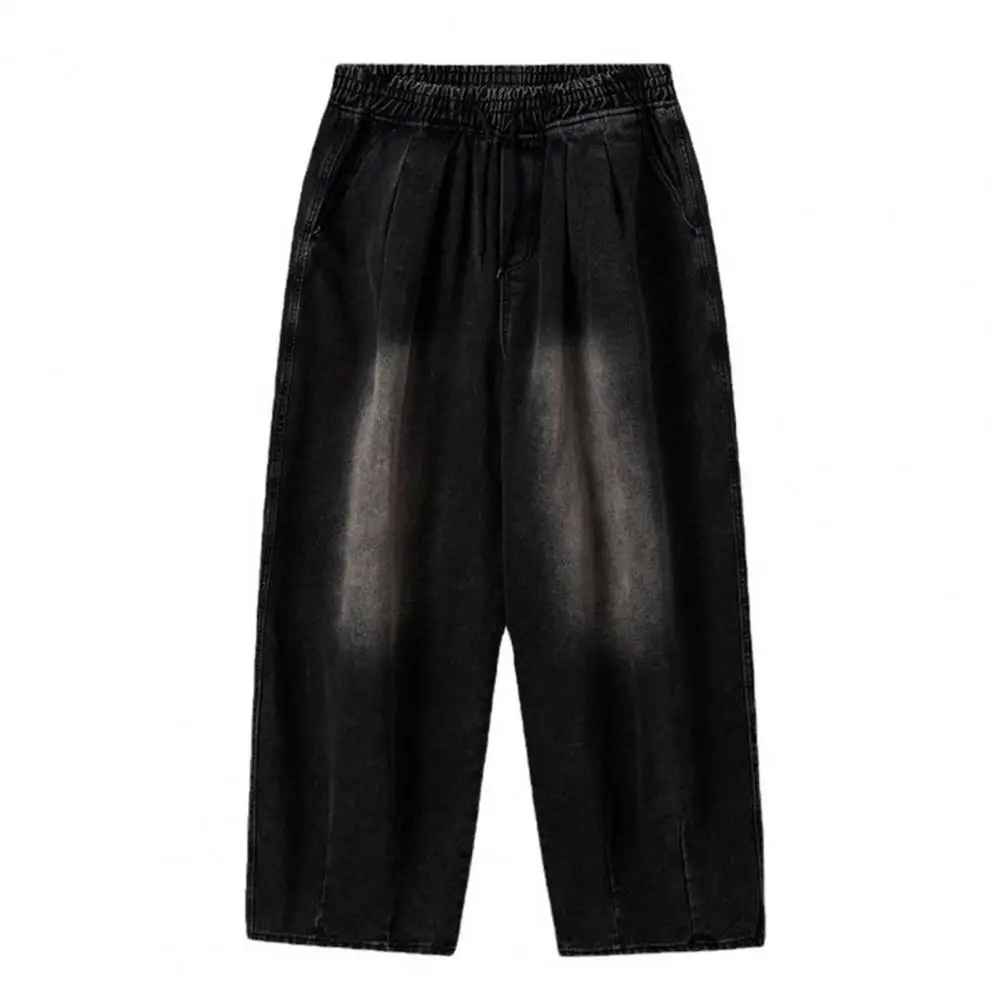 Celana Denim pria Distressed, Jeans kaki lebar gaya jalanan dengan pinggang elastis desain tertekan tirai trendi untuk modis