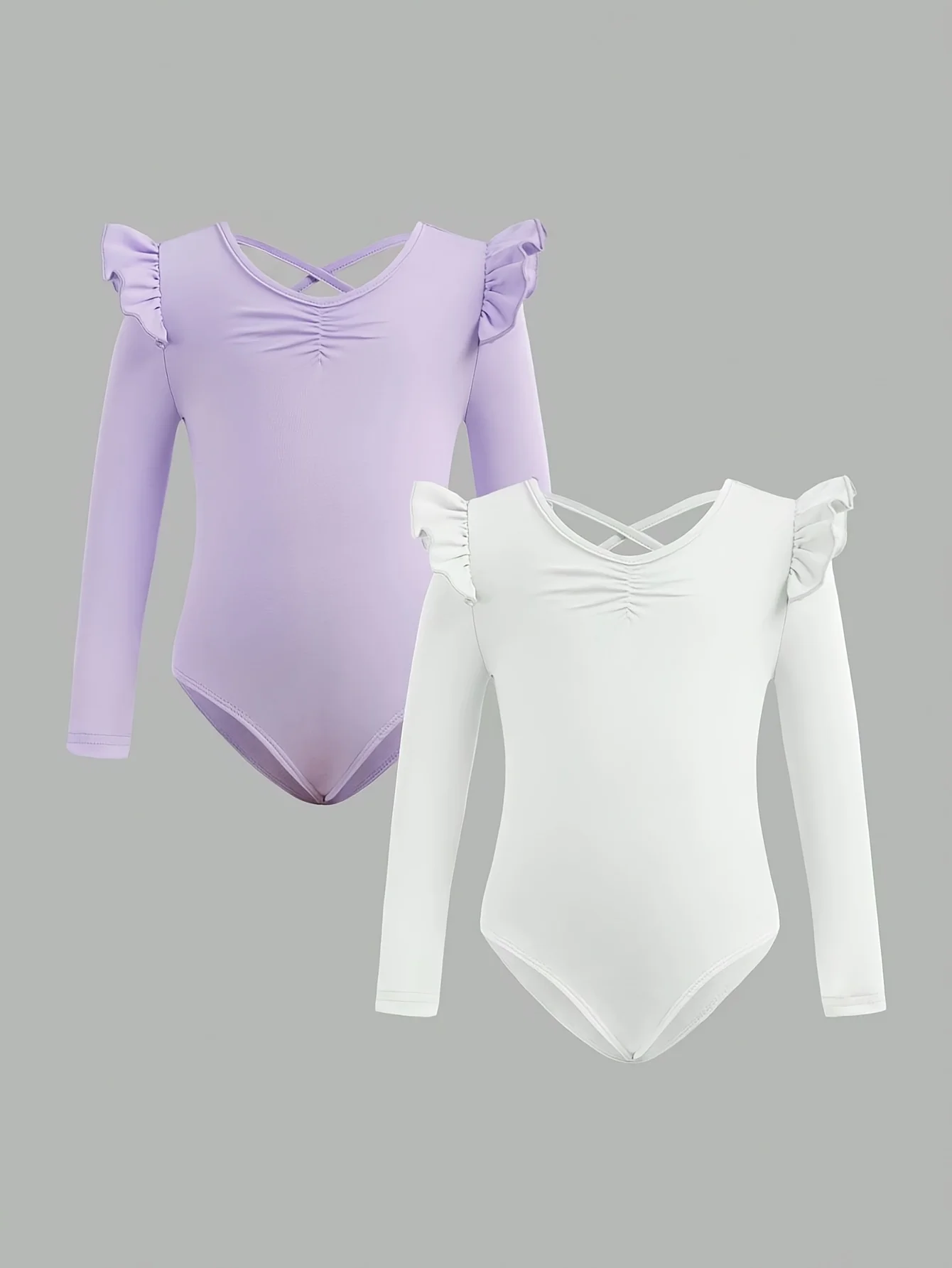 Girls Summer Two Pack Ruffle Shoulder Cross Back Long Sleeve Solid Ballet Leotard 7-14 Years for Dance Class Kids Trendy