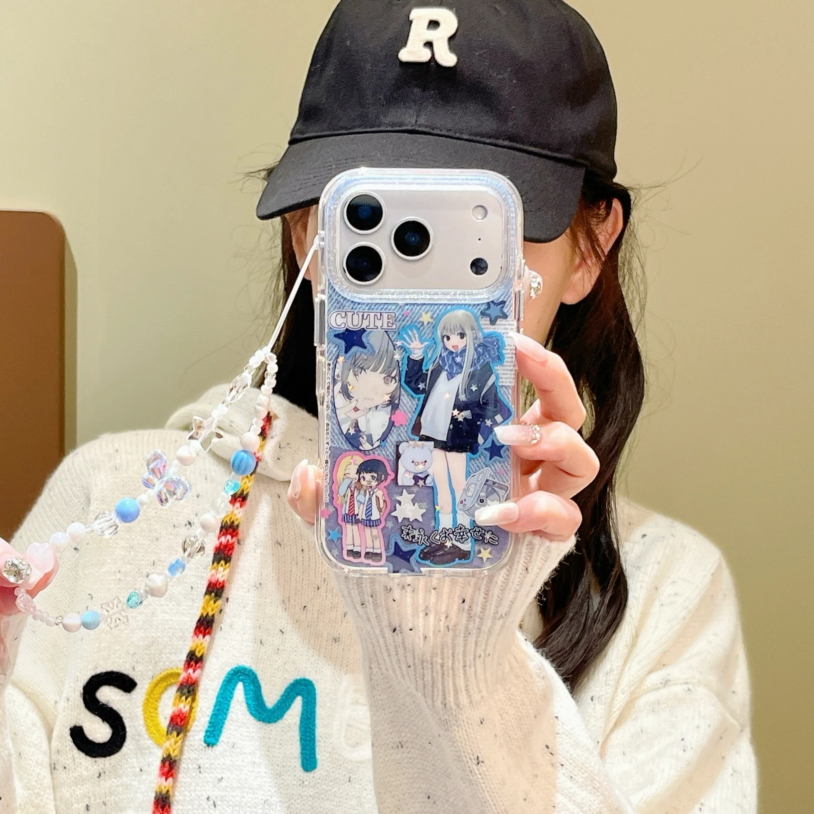 

Round-Edge Airbag Double-Sided IMD Blue-Background Anime Girl Phone Case for iphone 17 Promax 16 15 14 13 Back Cover Gift