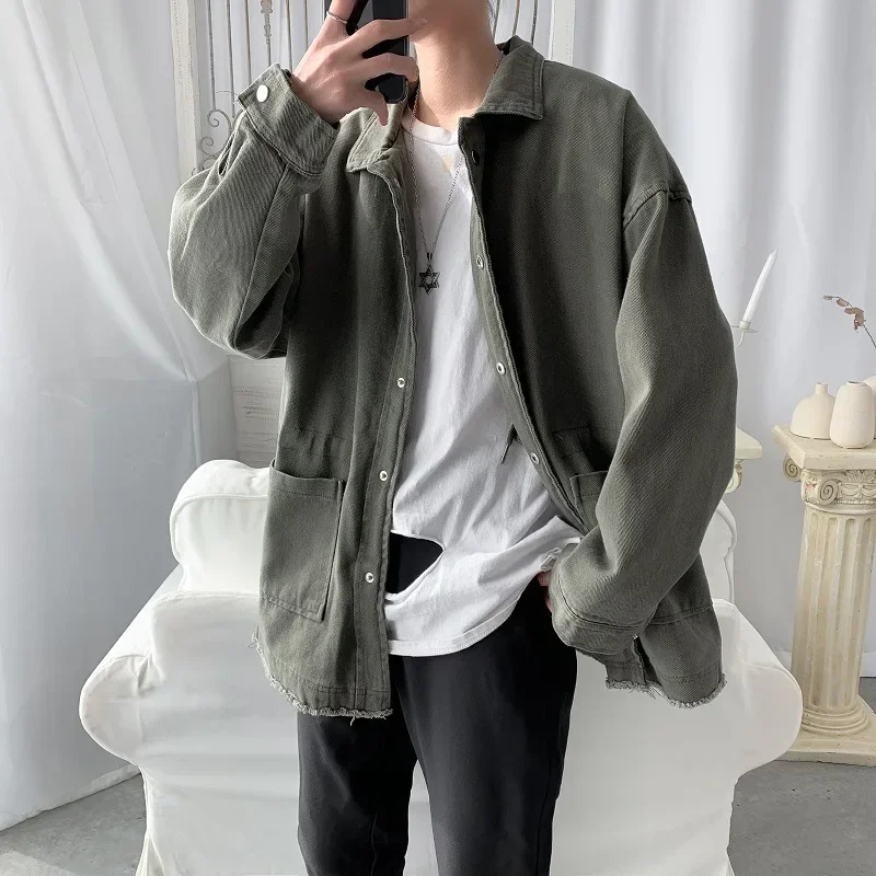 Loose work clothes shirt jacket, male matted student Korean functional hem jacket, Hong Kong style jacket