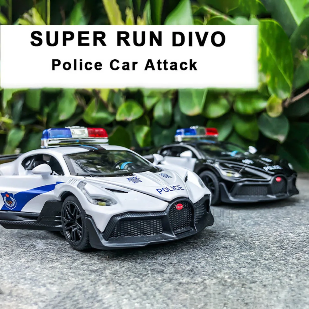 1/32 Alloy Diecast Bugatti DIVO Model Car Toy Metal Police Miniature Vehicle Series 2 Doors Opend Pull Back Cars Boys Collection