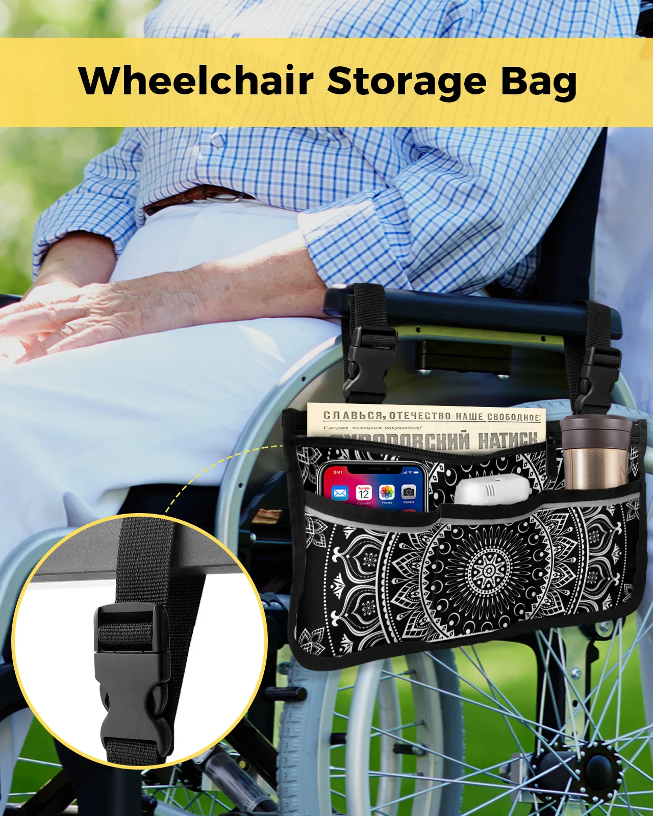 Classic Mandala Wheelchair Bag With Pockets Reflective Strips Armrest Side Bags Electric Scooter Walking Frame Storage Pouch