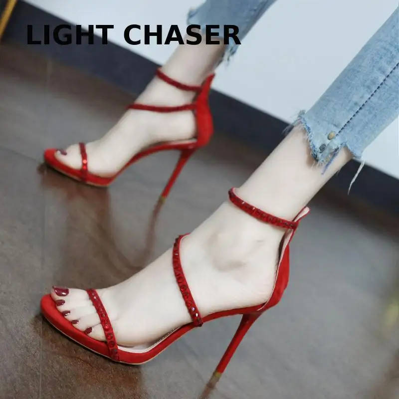 

Hot Red High-heeled Sandals Women's 2022 Summer New Fashion Rhinestones Sexy Word With Stilettos High-heeled Party Dress Shoes