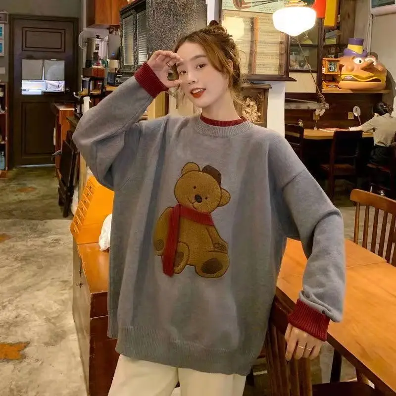 Women's Contrast Color Little Bear 3D Pattern Lovely Sweater New Japanese Preppy Style Knitwear for Lady Loose Lazy Fashion Tops