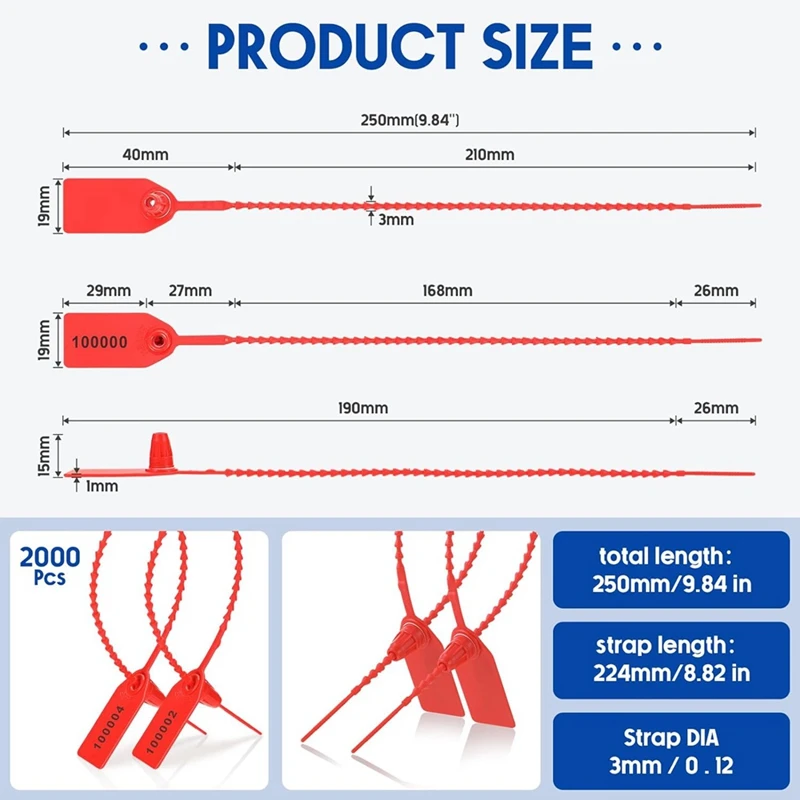 Extintor Red Label Seal, Security Number Zipper Collar, 250mm Comprimento, 2000 Peças