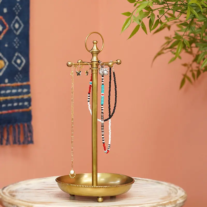 

Brass Round Tray Key Holder Hook Jewelry Organizer Dish Vintage Indian Style Catchall Tray for Entryway Living Room Home Decor