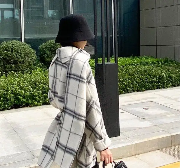 Vintage Plaid Newest Winter Both Sides Long Sleeve Winter All Match Women Casual Loose Wool Shawl Designed Coat