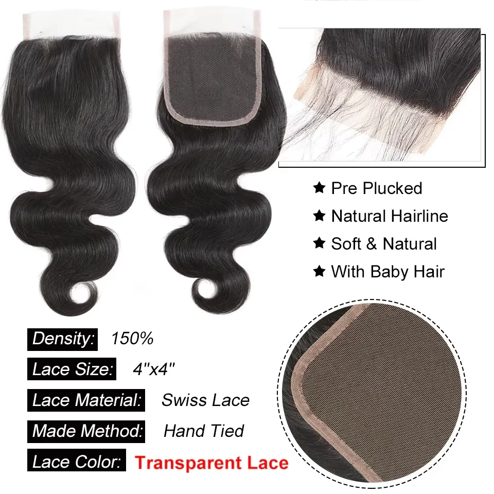 Brazilian Human Hair Bundles With Closure Body Wave Raw Virgin 3 4 Bundles With 4x4 5x5 HD Lace Closure Weave With 13x4 Frontal image 5
