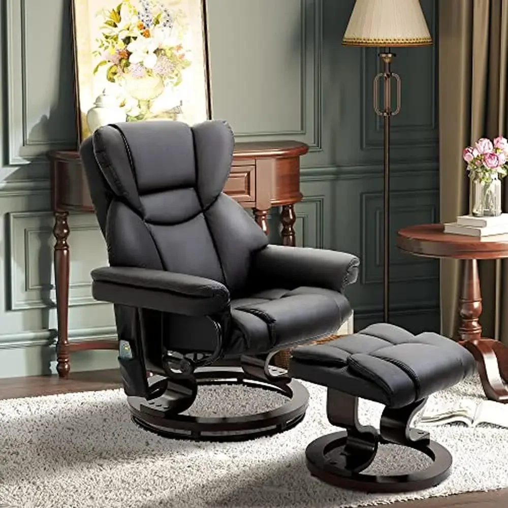 Massage Recliner Chair Ottoman Footrest 10 Vibration Points 360° Swivel Faux Leather Living Room Sofa Relax Seat 145° Tilt Angle