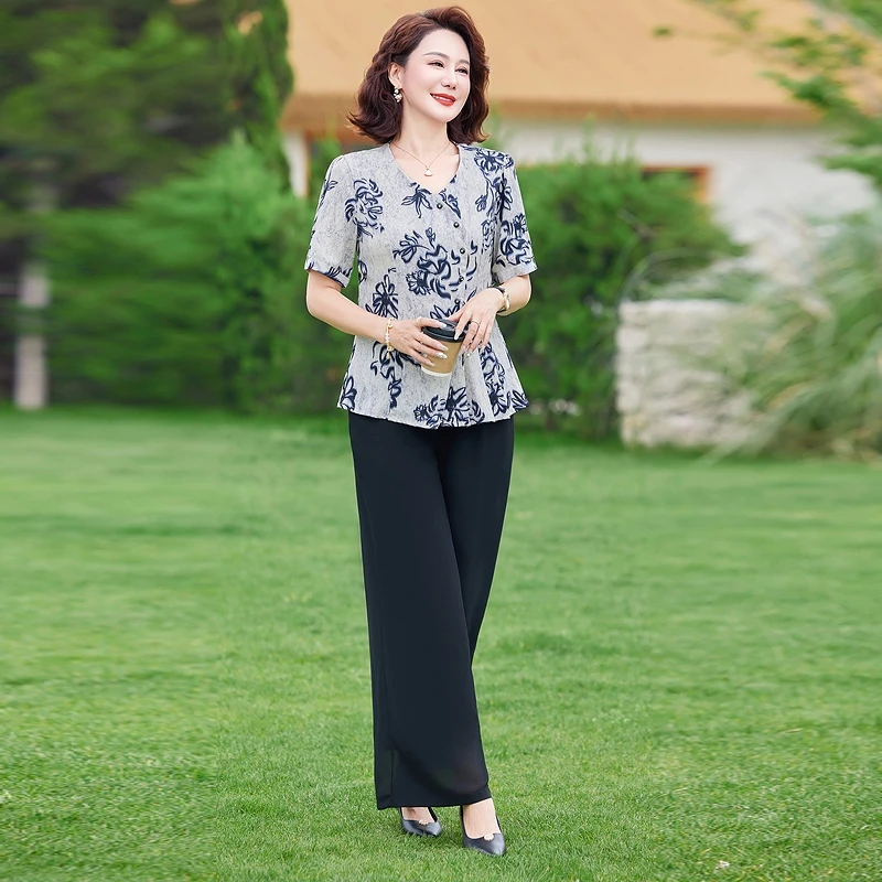 

Топы с принтом в стиле ретро, летние брюки для мам среднего возраста, костюм среднего возраста, женская блузка, рубашка, брюки, комплекты из 2 предметов, женская одежда