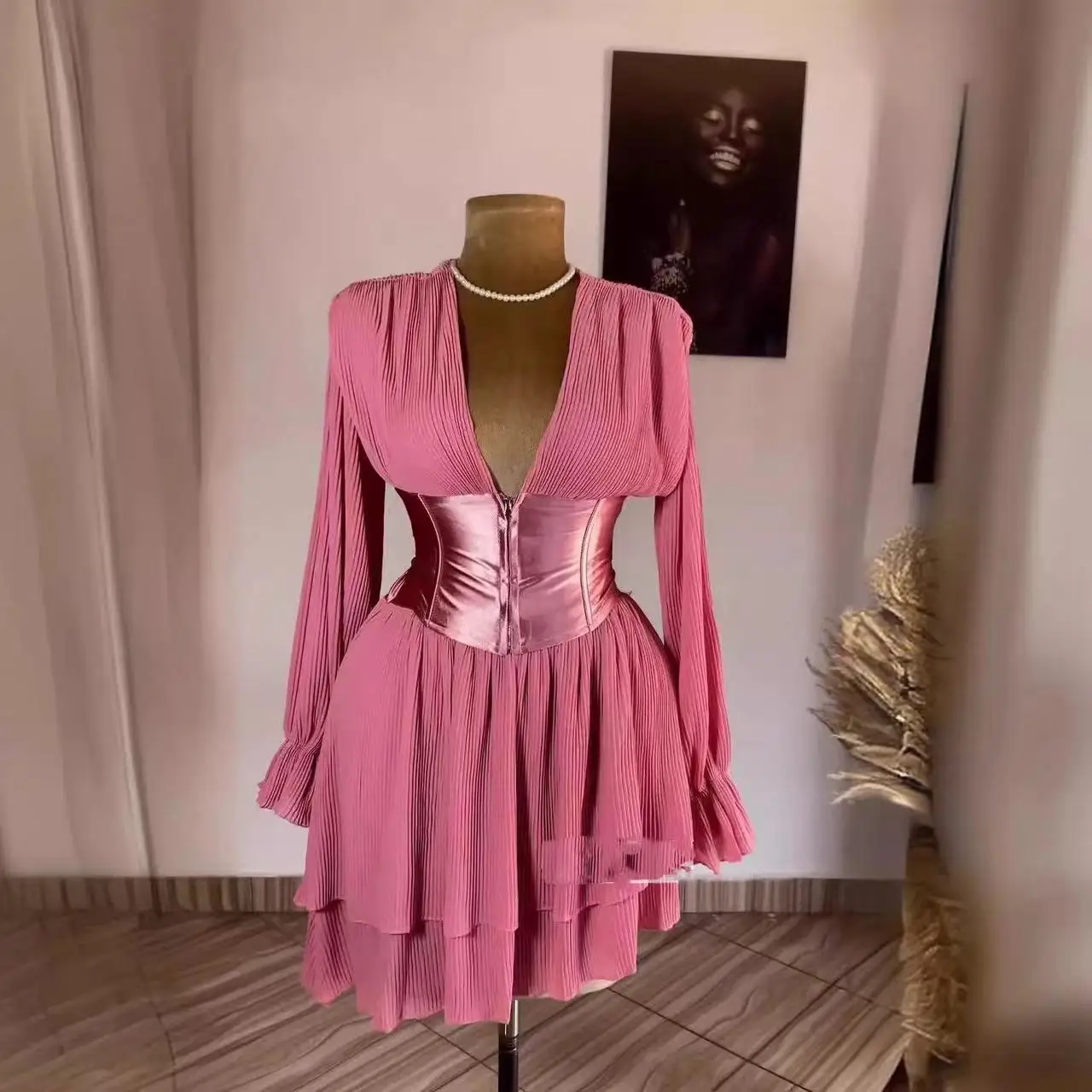 Frauen Plissee Kleid V-ausschnitt Zipper Volle Hülse Mini Kleider Solide Patchwork Rüschen Elegante Vestidos Büro Dame Frühling
