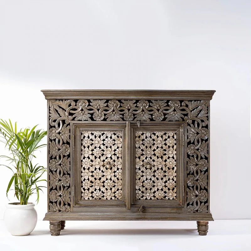 

French retro flower carving dining side cabinet Solid wood entry porch cabinet Living room old decorative