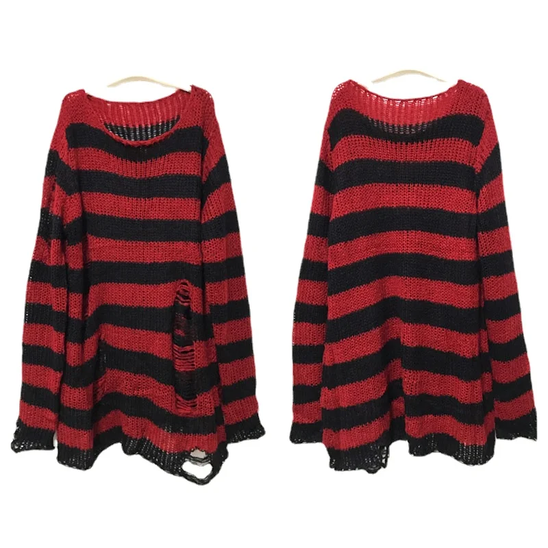 ZMZBCH New Punk Gothic Long Unisex Sweater Summer Women Striped Cool Hollow Out Hole Broken Jumper Loose Rock Thin Streetwear