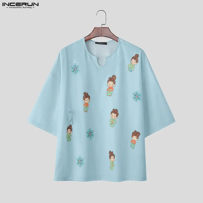 

INCERUN Men T Shirt Printing V Neck Short Sleeve Loose Men Clothing Streetwear Summer Korean Style Stylish Casual Male Tee Tops