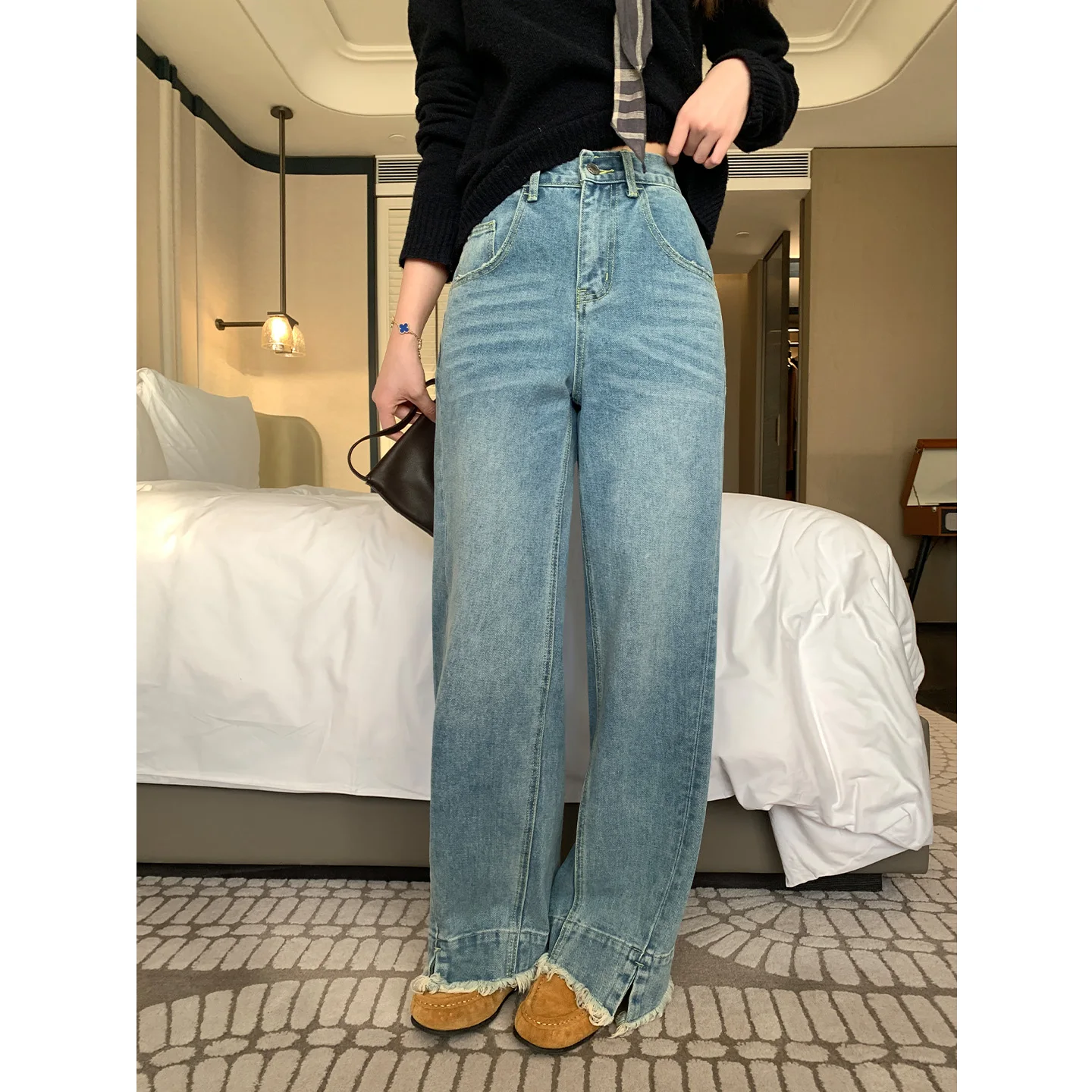 

Loose Straight Leg Jeans Women's Casual Cotton Denim Pants Turn up Frayed Vintage Sle Daily Wear MultiMath