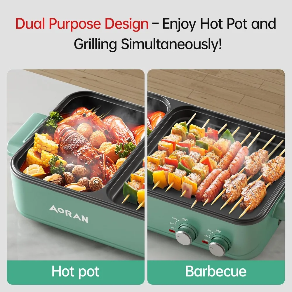 グリル付き電気鍋、韓国バーベキュー、しゃぶしゃぶ、麺類用の2-in-1屋内ノンスティックポット、デュアル温度制御、クイック