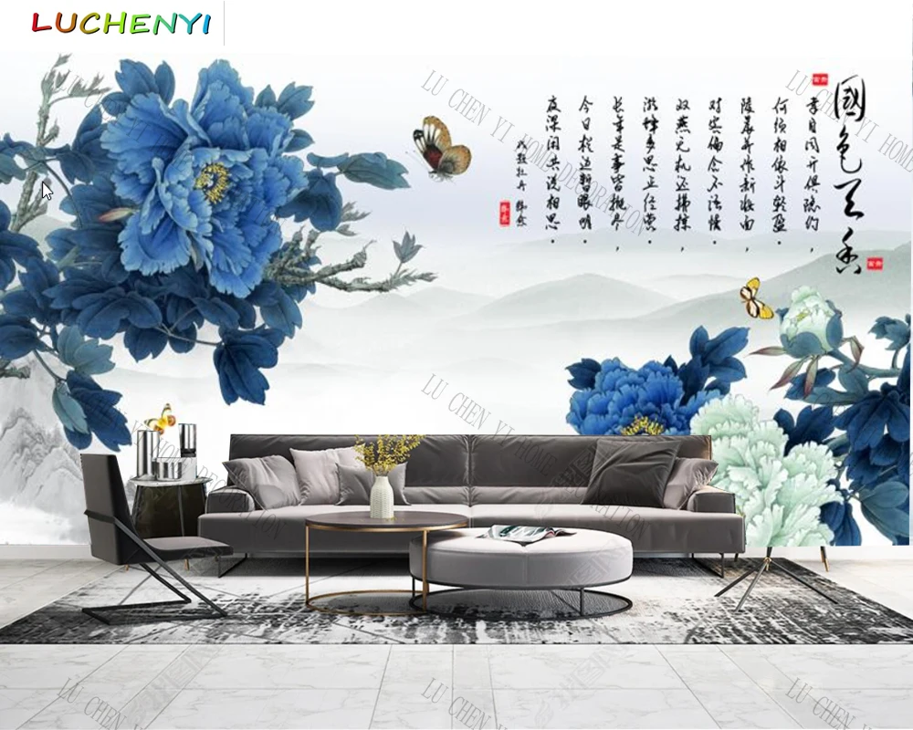 Papel de parede custom blue peony flower  floral wallpaper mural,living room tv wall  bedroom wall papers home decor