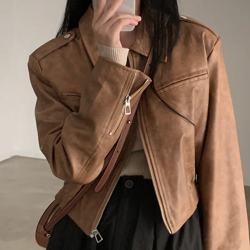 Solid Color Zipper Short Leather Jacket Women Crop Top American Leather Coat 2023 Spicy Girl Street Motorcycle Style Casual Top