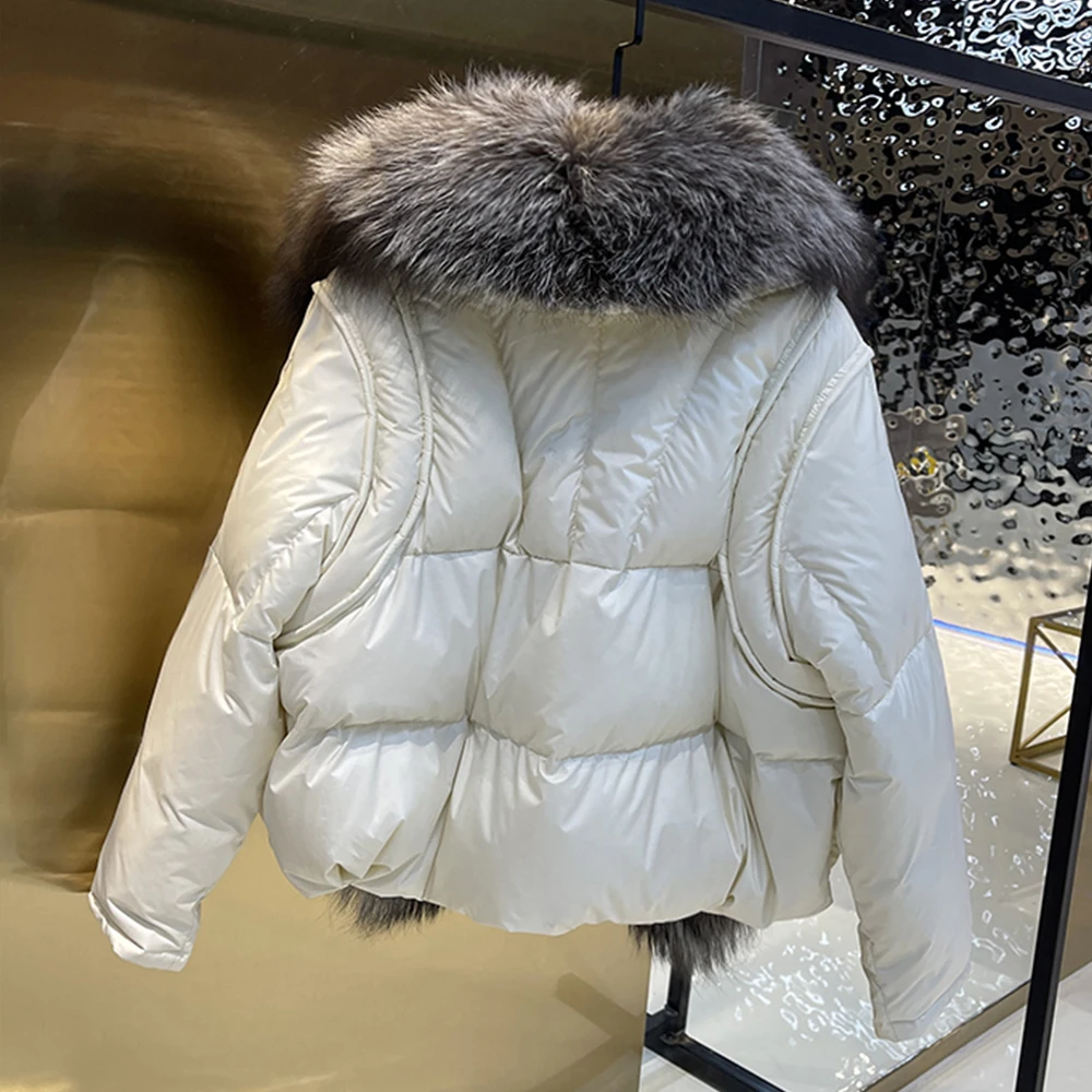 Annsirgra Winter Women White Duck Down Jacket Thick Warm Loose Coat Natural Real Fox Fur Collar Luxury Outerwear New Fashion